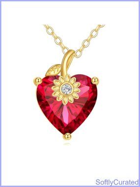 14K Solid Gold Heart Birthstone Necklace 3 Carat Created Ruby Sunflower Pendant